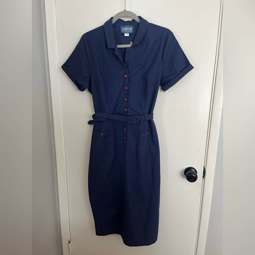 Collectif Caterina Vintage Pencil Dress Navy Office Work Midi Retro US10/UK14